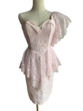Vtg 80s Icy Pink Sweetheart Party Dress Sz 4 Lace One Shoulder Prom Retro Short